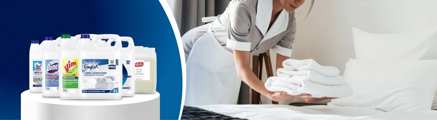 a maid is cleaning a bed with a towel and using various housekeeping and cleaning products