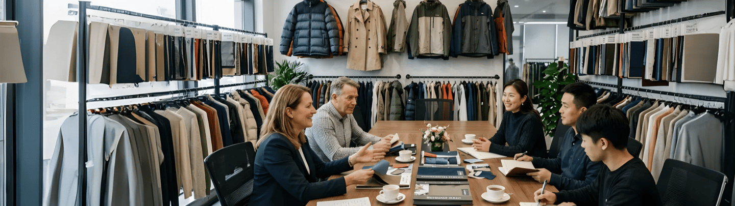 clients reviewing fabric samples with supplier in showroom for garment development