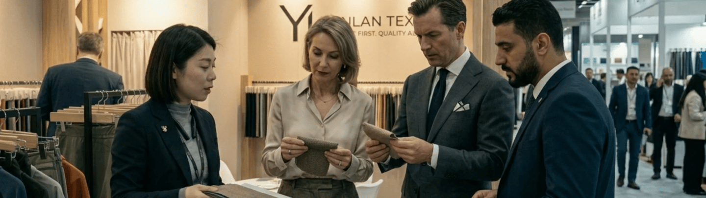Busy networking scene at YL Textile booth during Paris Apparel Sourcing exhibition, highlighting B2B textile collaboration