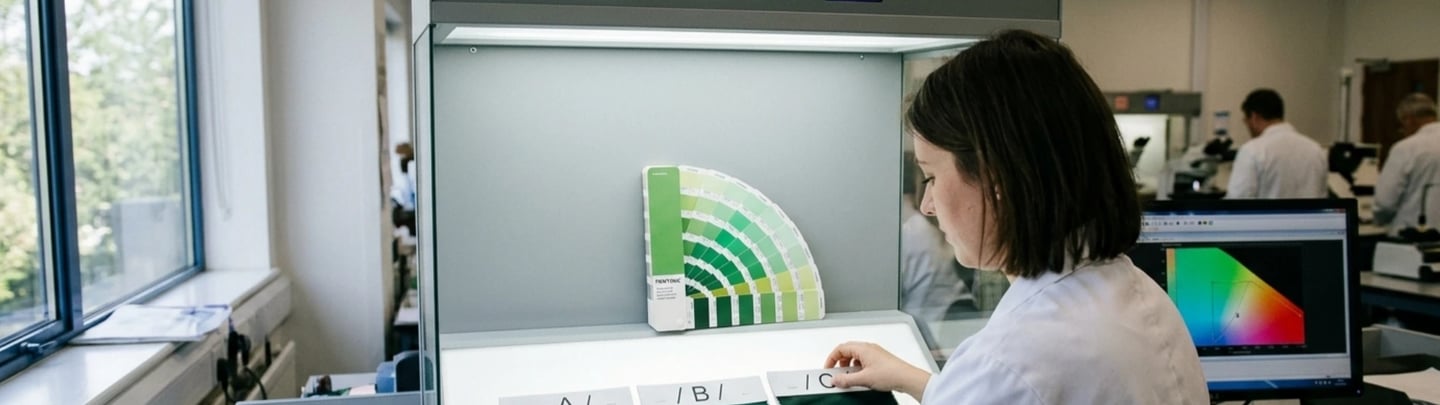 Lab tech assessing fabric swatches A, B, and C inside a professional color lightbox under D65/CWF light sources