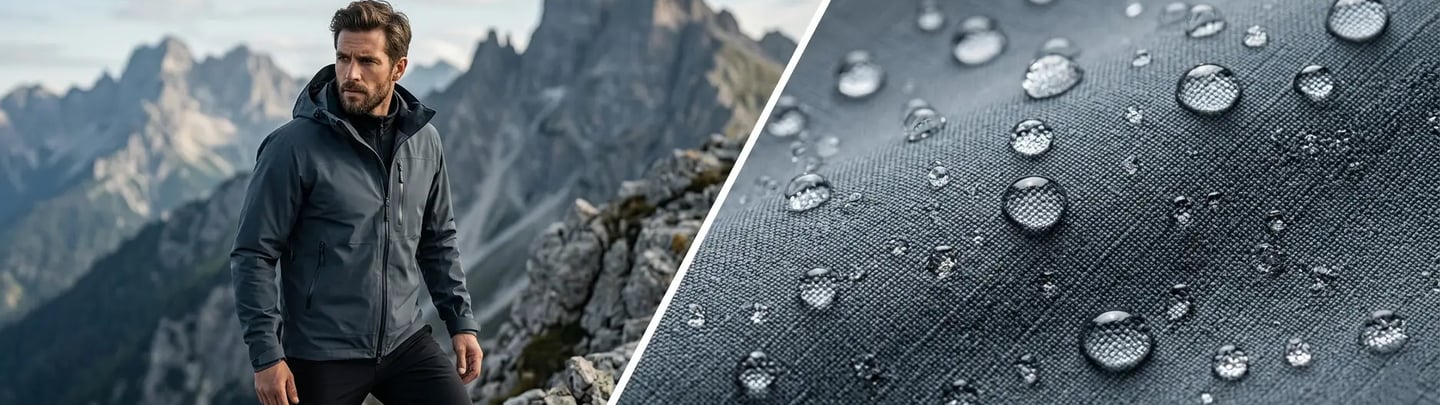 A man wearing a waterproof hiking jacket in the mountains next to a close-up of water beading on the fabric.