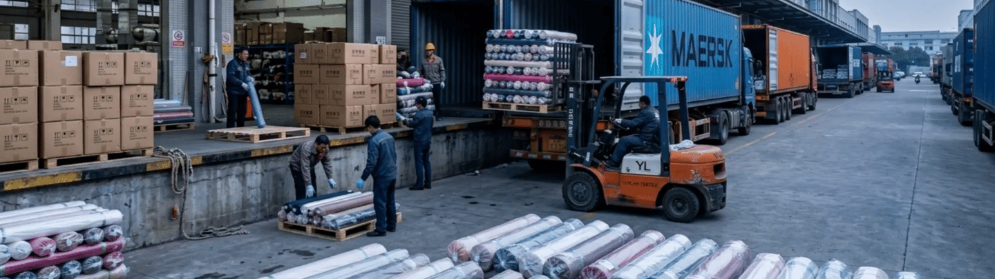 Forklift loading fabric rolls into a Maersk container at a busy warehouse loading dock with workers and boxes