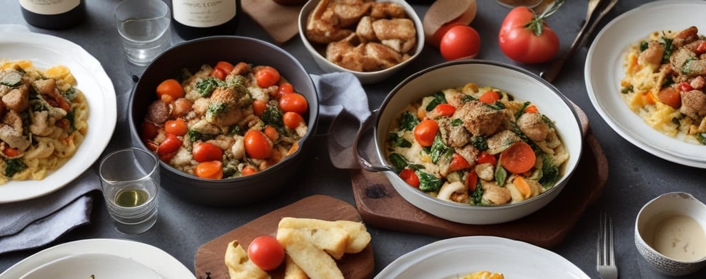 A cozy home kitchen scene with a rustic wooden table set for a relaxed Saturday dinner, featuring a creamy chicken dish, fresh salad, and soft candlelight.