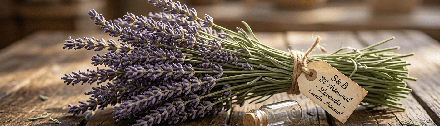 A fresh bundle of dried lavender flowers tied with twine on a rustic wooden table.