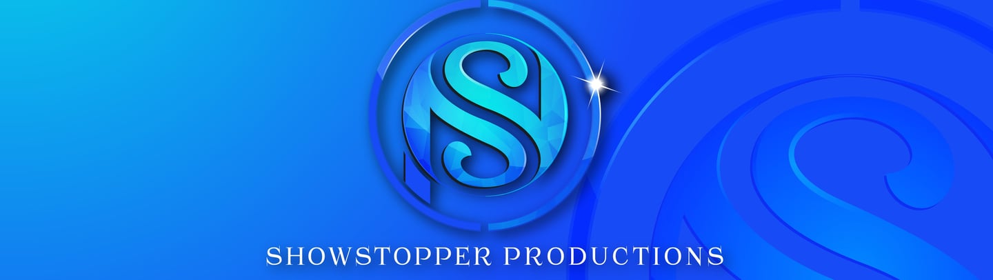 a blue and white logo with the word show stopper production