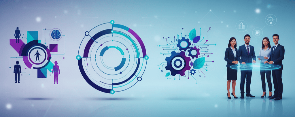 Ilustración corporativa que muestra la integración de personas, procesos y tecnología para impulsar