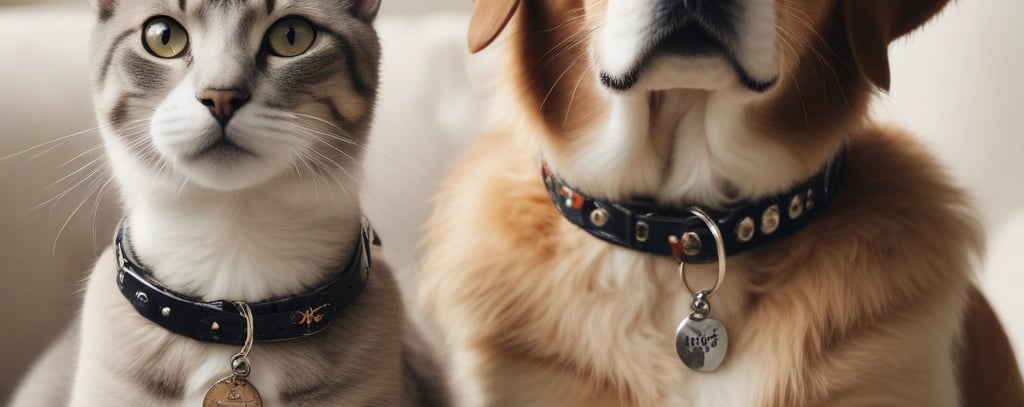 A friendly pet owner holding a happy dog with a colorful collar in a cozy home setting.