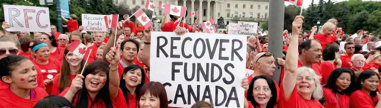 A group of people protesting and holding writings "Recover Funds Canada" "Crypto Recovery Canada"