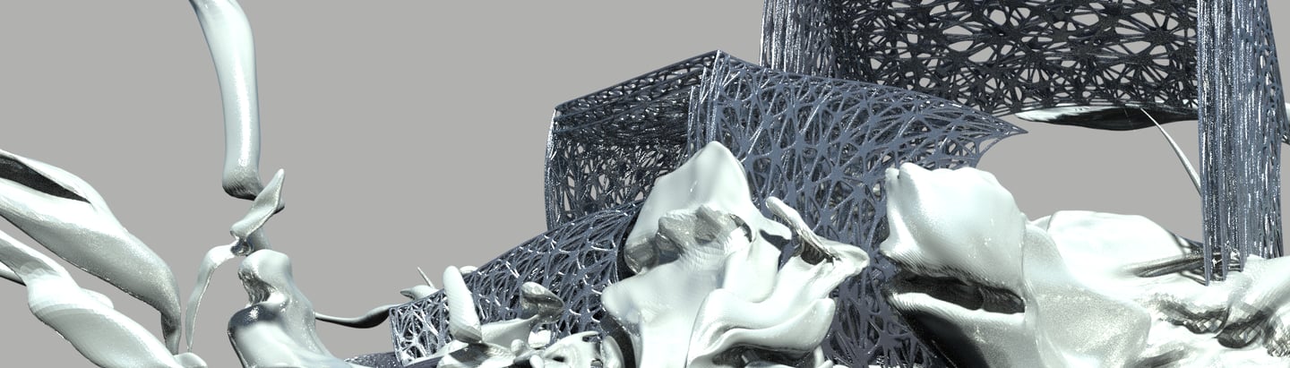 Surreal 3D digital art featuring abstract silver structures and a small red human figure.