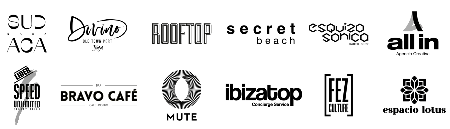Collection of minimalist restaurant and cafe logos including Bravo Café and Rooftop bar on a dark background.