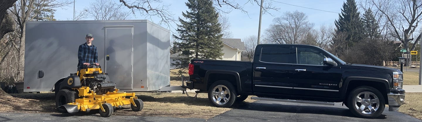 A picture of my full setup, including truck, trailer, and mower