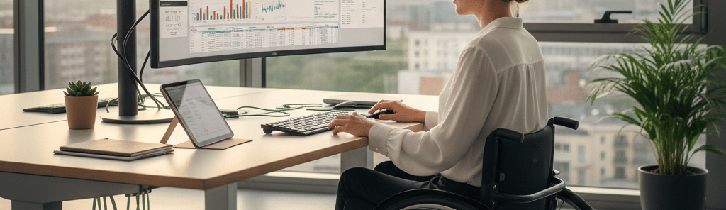 Mitarbeiterin im Rollstuhl arbeitet am PC, ermöglicht durch den Fahrdienst von Ben Fahrdienst.