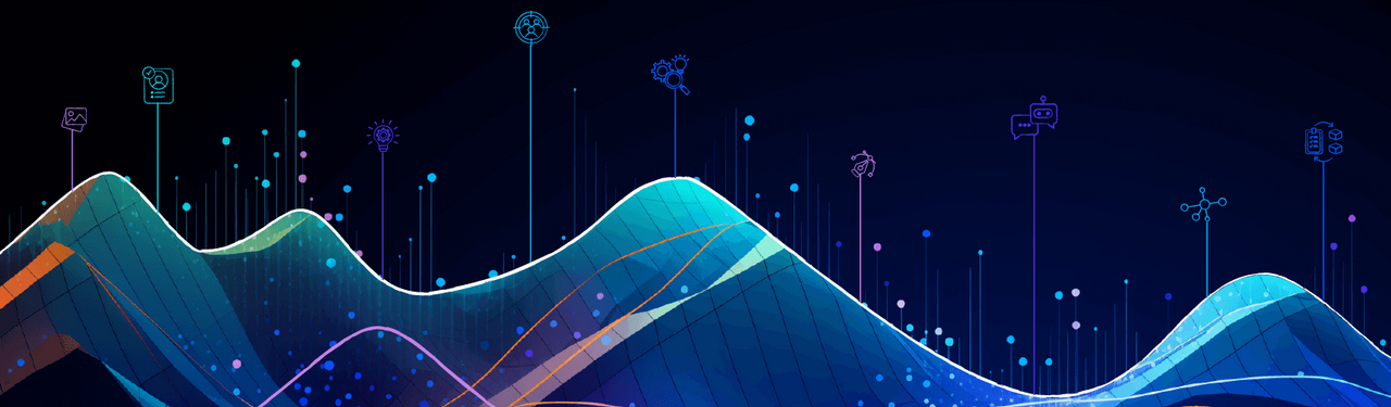 Abstract digital data visualization banner with glowing AI waves and tech icons.