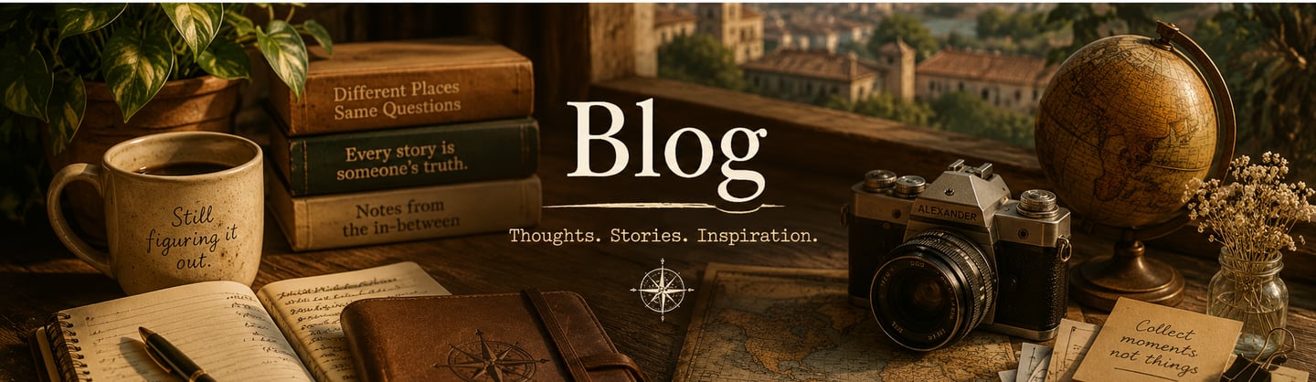 Travel blog header with a vintage camera, globe, journals, and coffee on a wooden desk.