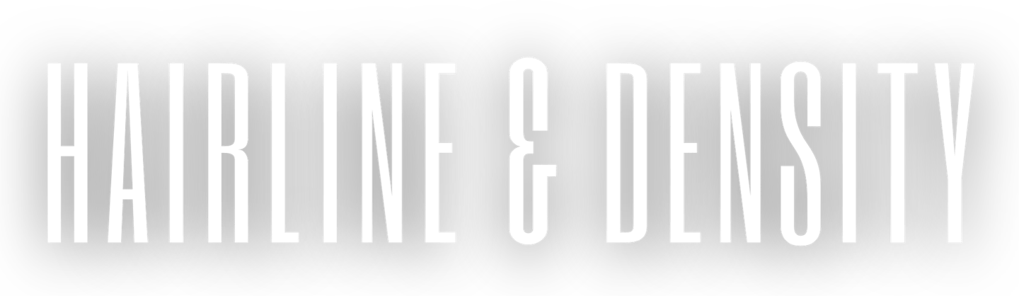 Hairline and Density text in white tall sans-serif font on a black background for hair restoration.