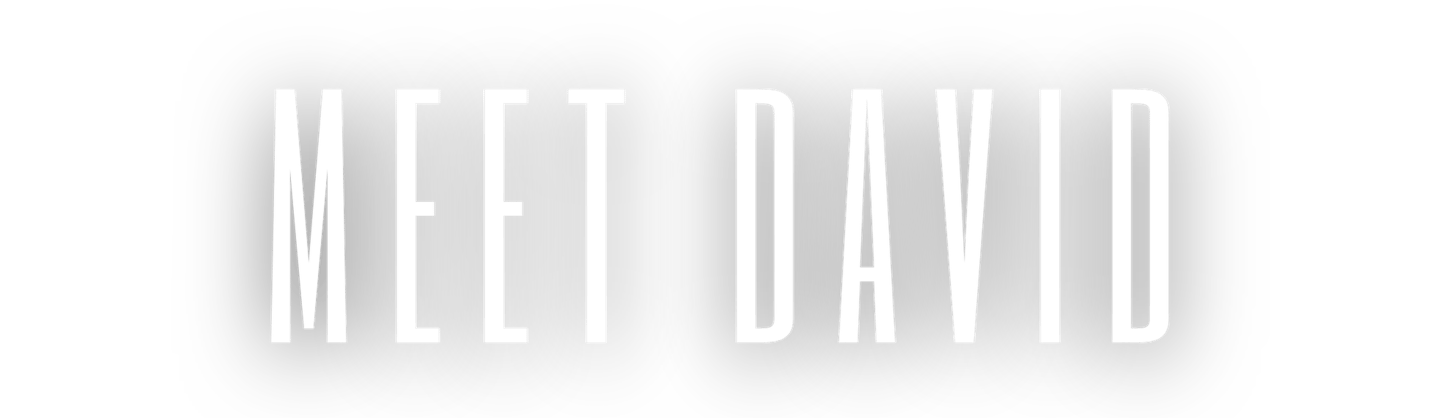 White tall sans-serif text reading MEET DAVID displayed on a solid black background.