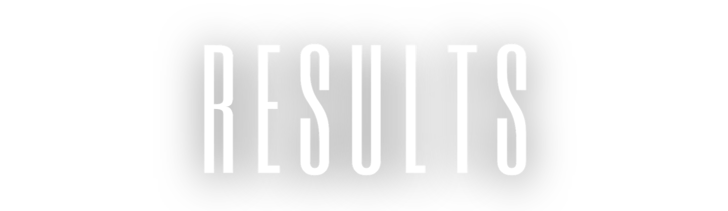 Minimalist banner with white RESULTS text in a thin sans-serif font on a solid black background.