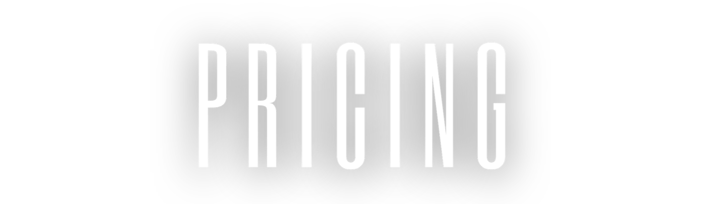 Minimalist pricing text banner with tall white sans-serif typography on a solid black background.