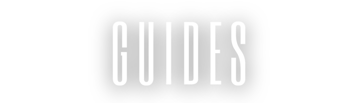 White GUIDES text in a tall sans-serif font centered on a black background for a minimalist header.