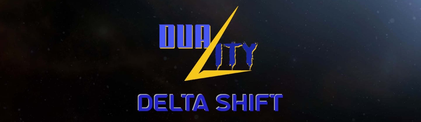 The Duality logo appears in blue and gold on a space background with Delta Shift underneath