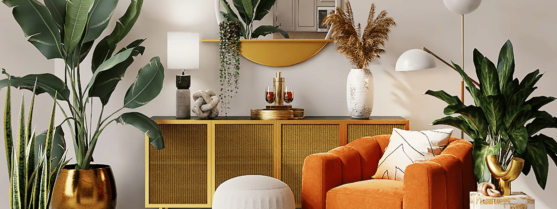 a living room with a couch, a table and a mirror