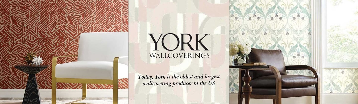 Elegant York Wallcoverings banner featuring modern patterned wallpaper designs and stylish home interior decor.