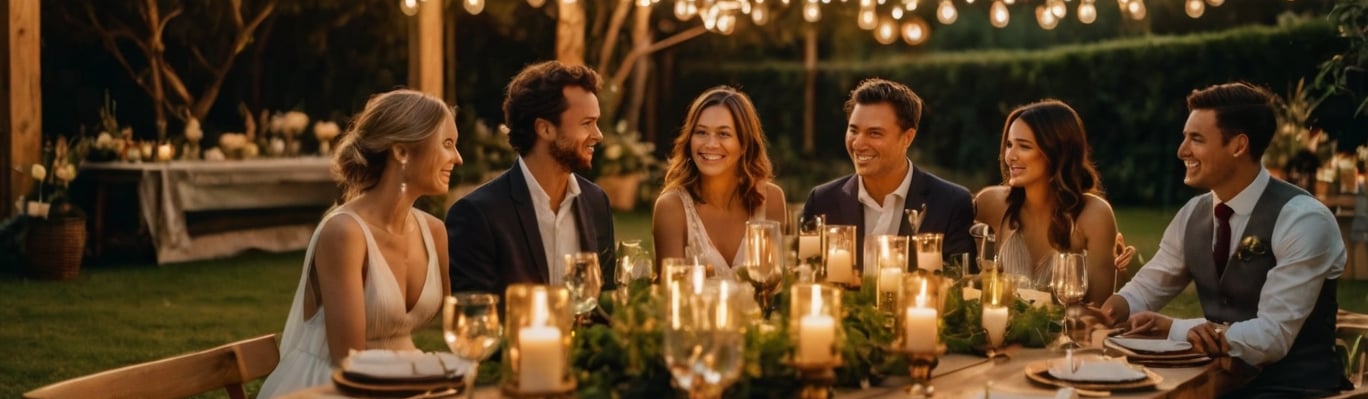 Dîner de mariage intimiste en extérieur avec guirlandes lumineuses