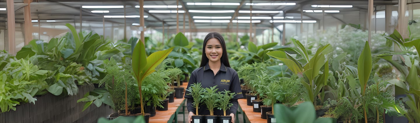 Woman carrying potted houseplant inside a tropical greenhouse