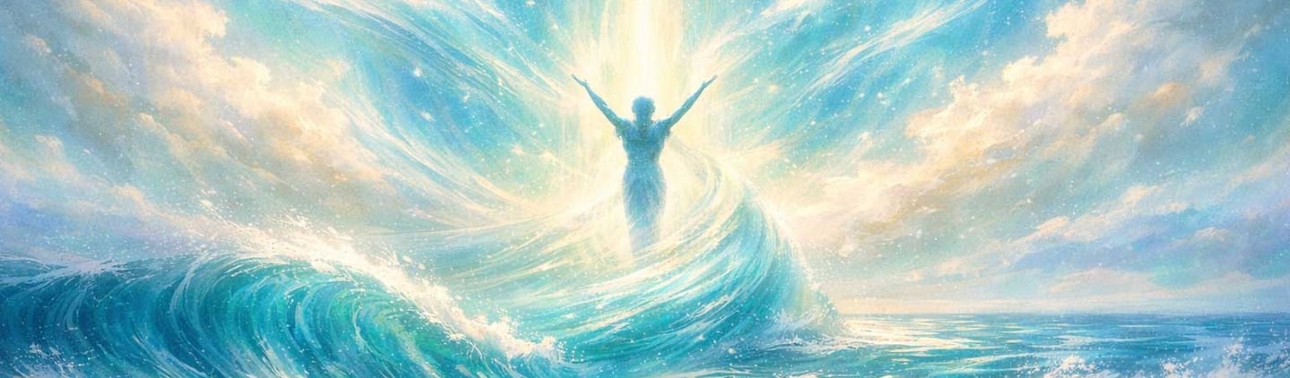 Dreamy ocean wave with a glowing figure reaching toward a bright light in the sky with overlay text Wake Up  Show Up  Step Up