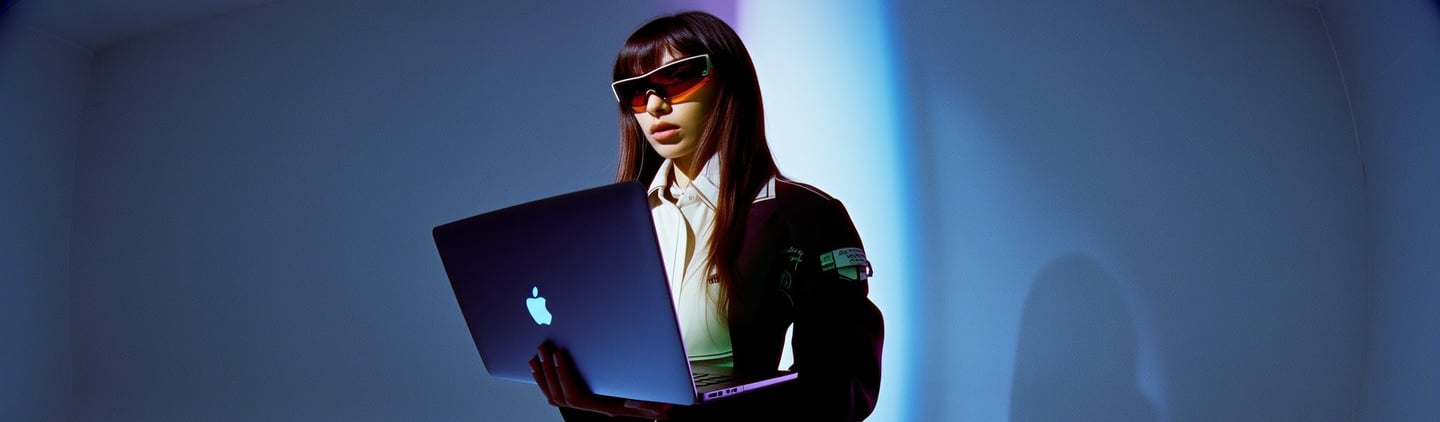 a woman in a suit and sunglasses holding a laptop