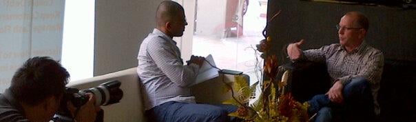 author rob hamilton getting photographed and interviewed