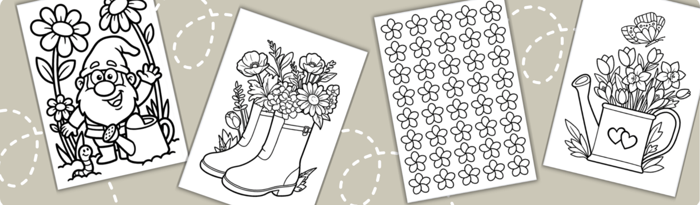 Spring garden coloring pages featuring a garden gnome, flowers in rain boots, and a watering can.
