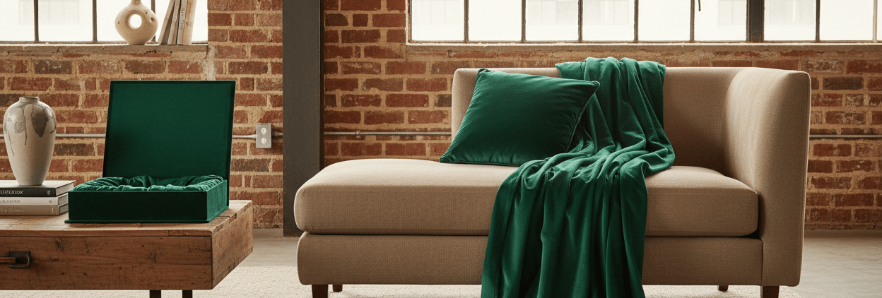 Modern beige chaise lounge with a green velvet throw & pillow in a loft featuring a limewash  wall.
