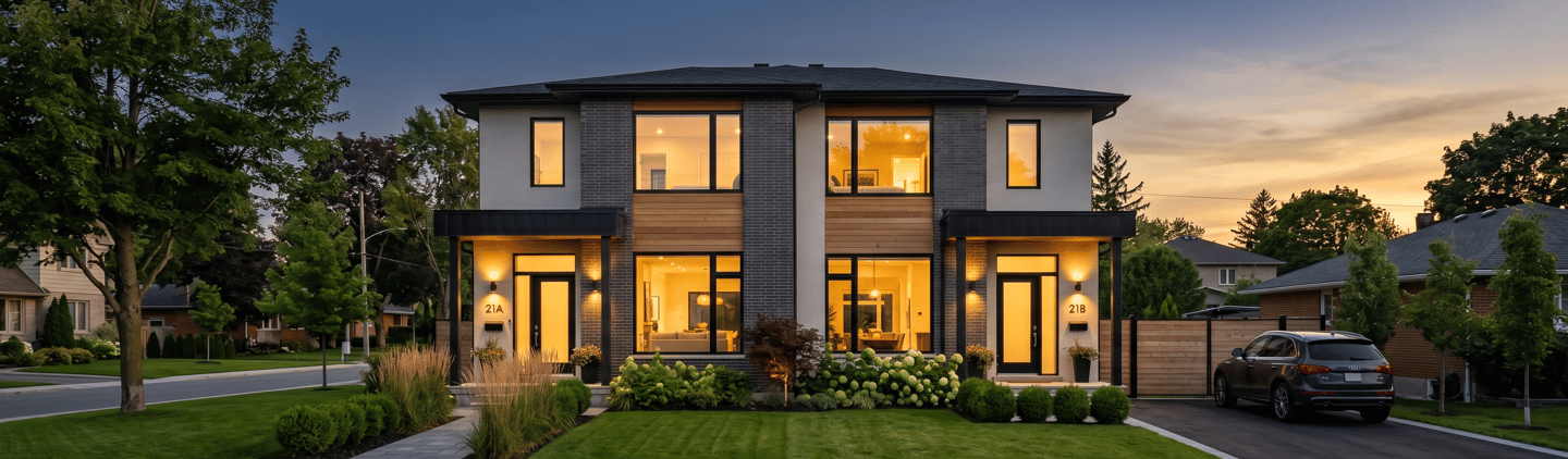 Modern luxury semi-detached house exterior with glowing windows and professional landscaping at sunset.