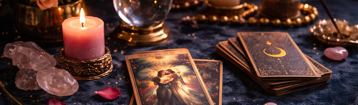love tarot reading online session with The Lovers card, candles and crystals
