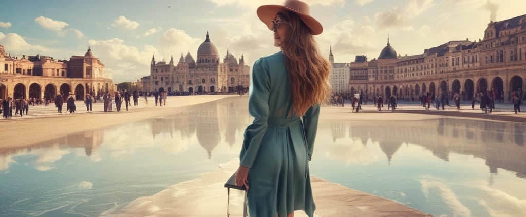 a woman in a hat and a suitcase