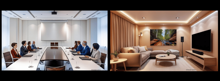 Sala de reunião co projetor elétrico e imagem de uma sala de estar com home theater e tv
