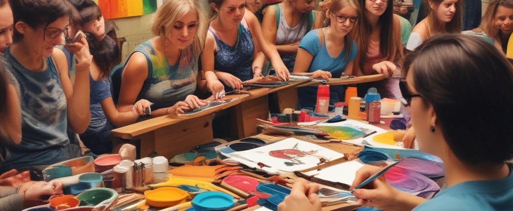a group of people sitting at a table with paint and brushes