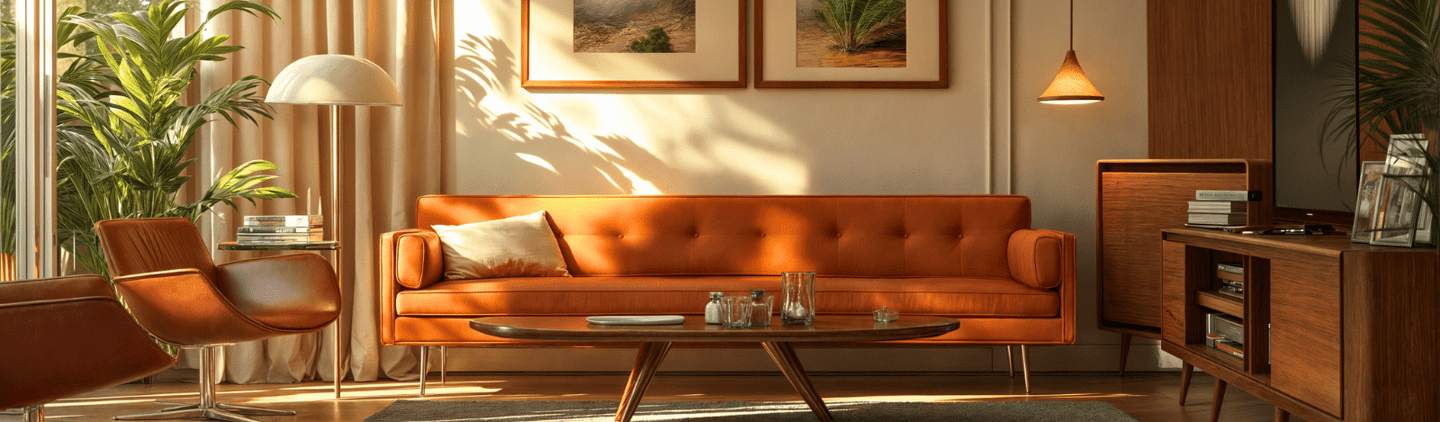 Mid-century modern living room with an orange sofa, stylish wooden furniture, and warm ambient lighting, creating a cosy and