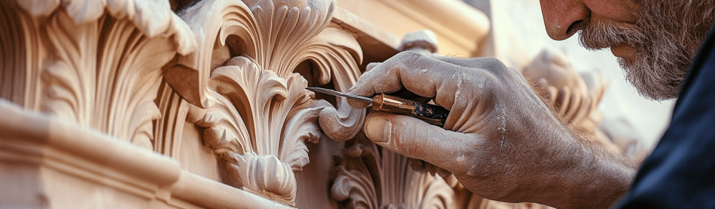 Close-up of a craftsman meticulously carving intricate details into antique furniture, showcasing expert craftsmanship and de