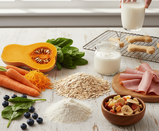 Ingredienti naturali Pappa & Coccole® come carote, zucca e farina, disposti su un tavolo di legno