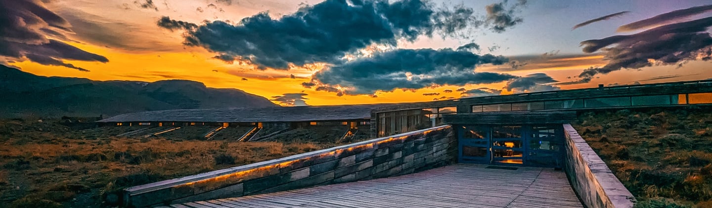 Tierra Patagonia Hotel entrance at sunset 