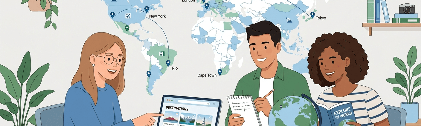Equipe planejando viagens com mapa do mundo em um site de turismo.
