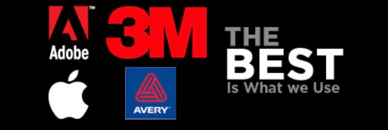 Logos for Adobe, 3M, Apple, and Avery brands with the text The Best Is What We Use.