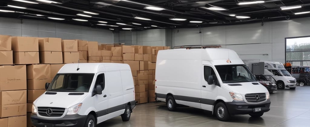 Courier delivery vans parked in a large logistics warehouse for US Motorpool Inc