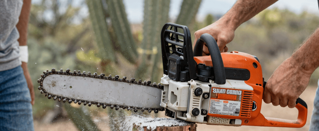 Two people using a gas-powered chainsaw to cut a wooden post outdoors near a prickly pear cactus.