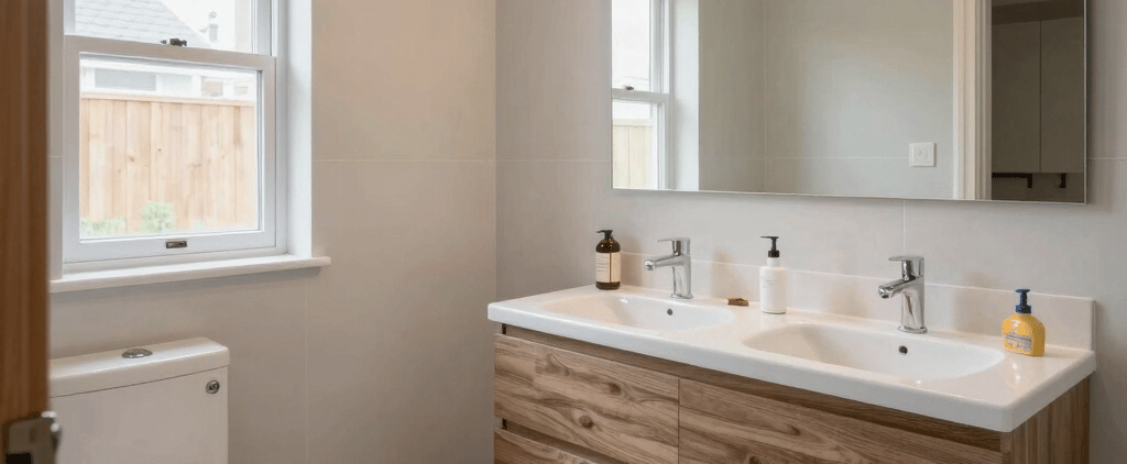 Modern bathroom featuring a floating wood double vanity, marble tile floor, and large vanity mirror with globe lights.