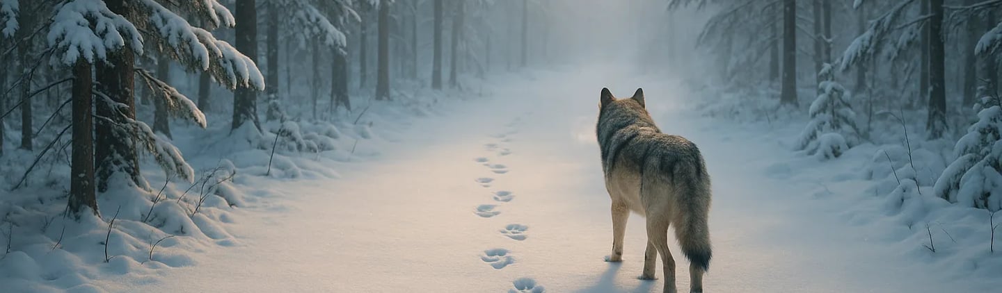 Wilk w ośnieżonym lesie – symbol samotnej drogi, intuicyjnych wyborów i zawodowych śladów w życiu