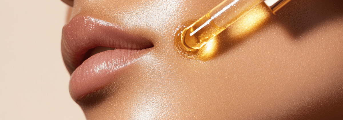 a woman applying a serum to her face.