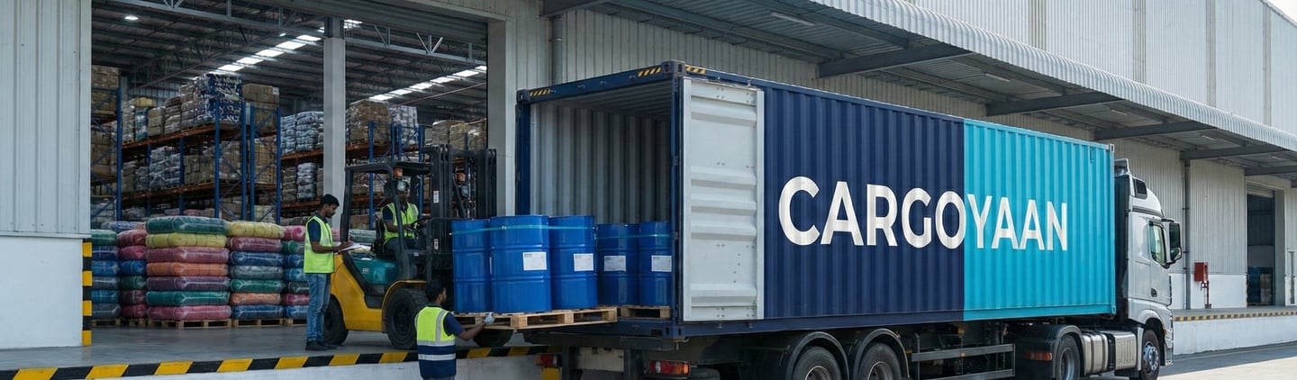 Commercial truck transporting textile and chemical goods from Gurgaon to Ahmedabad.